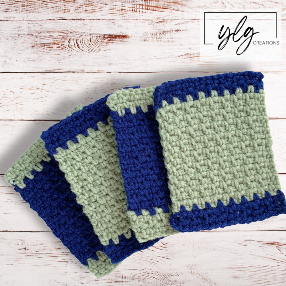 Mug Rugs Coasters Handmade Crochet Navy Blue Green Vinyl Back Set of 4
